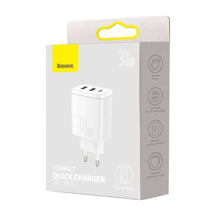Baseus Compact caricatore rapido USB Tipo C / 2x USB 30W 3A Power Delivery Quick Charge bianco (CCXJ-E02)