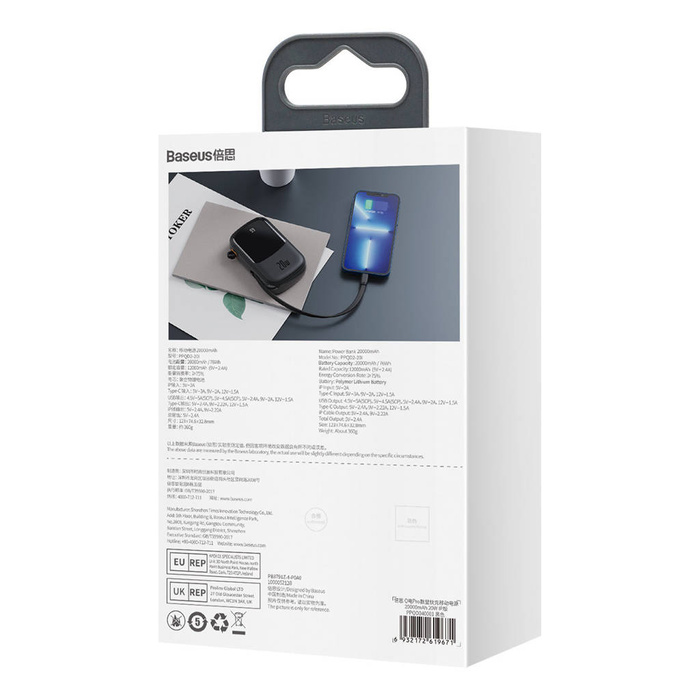 Baseus Qpow Powerbanka s digitálním displejem a rychlým nabíjením 20000mAh 20W QC/PD/SCP/FCP s integrovaným kabelym Lightning černá