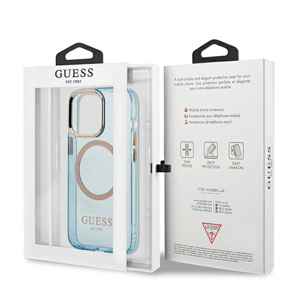 Hülle GUESS Apple iPhone 13 Pro Max Gold Outline Transluzent MagSafe Blau Hartcase