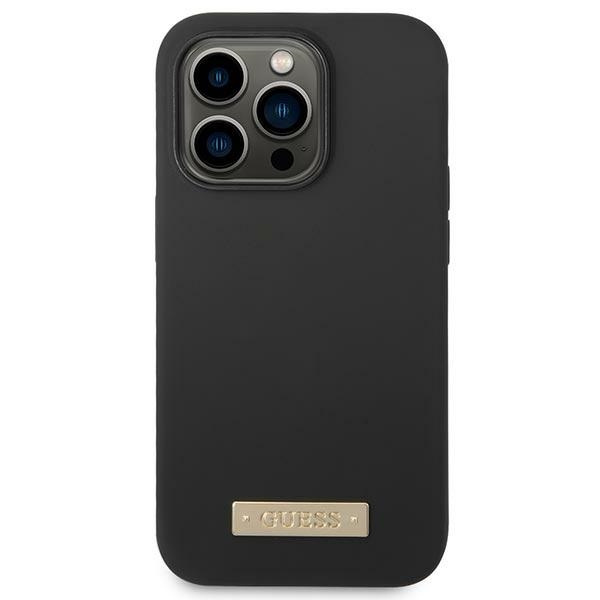 Case Guess iPhone 14 Pro Max 6.7" black/black hard case Silicone Logo Plate MagSafe