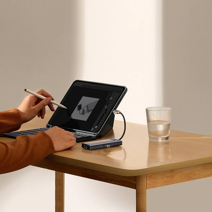Baseus Metal Gleam Series Docking Station HUB 9 in 1 USB Type C - 2 x HDMI / 2 x USB 3.2 Gen. 1/1 x USB 2.0 / 1 x Power Delivery / 1 x SD card reader / 1 x TF card reader / 1 x RJ-45 gray (WKWG060013)