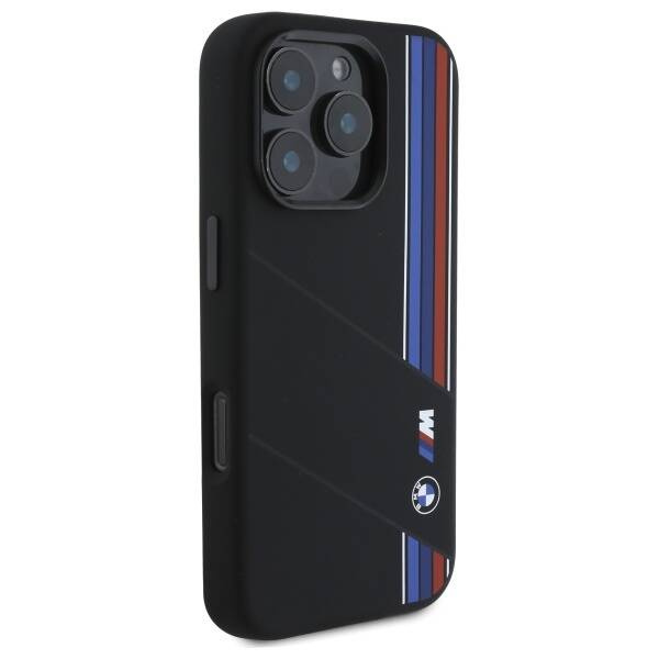 Hülle BMW iPhone 16 Pro Max schwarz/schwarz hartcase Silicone Cut Tricolor Lines MagSafe