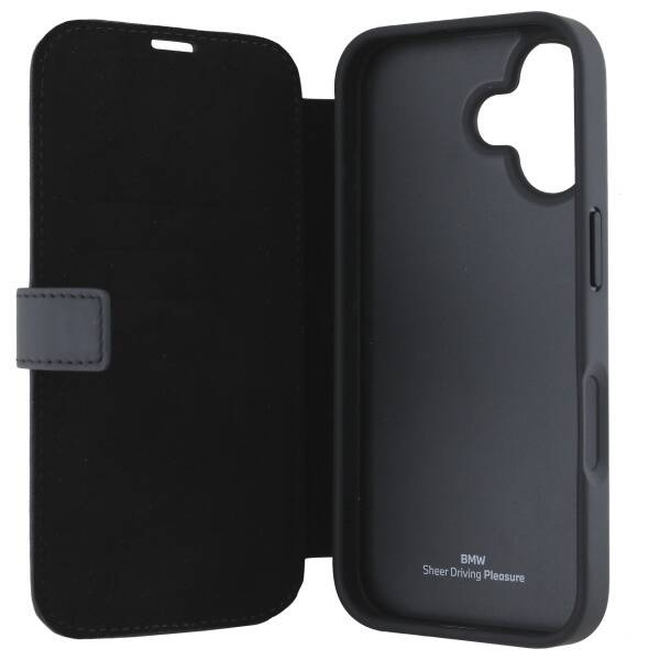 Funda BMW iPhone 16 negro/negro librocase Signature Cuero Wordmark