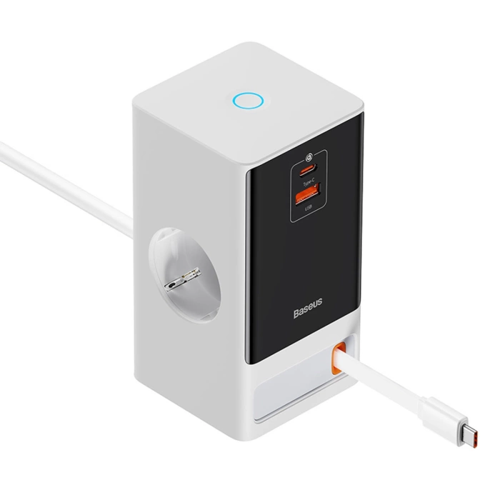 Baseus PowerCombo Charging Station 65W 1.5m 2 x EU + USB-A + USB-C + Retractable USB-C Cable - White
