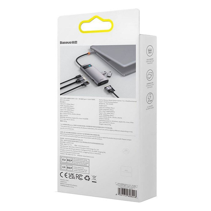 Baseus Metal Gleam Series HUB 7 v 1 dokovací stanice USB typu C – 1 x HDMI / 1 x VGA / 3 x USB 3.2 Gen. 1/1 x napájení / 1 x RJ-45 Ethernet Grey (WKWG040013)
