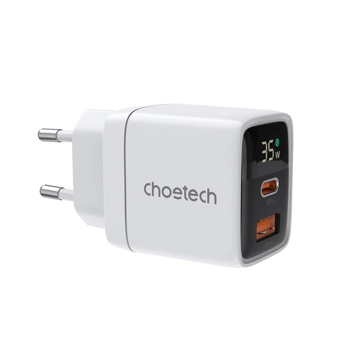 Choetech PD6052 USB-C USB-A PD 35W GaN chargeur mural avec écran - blanc