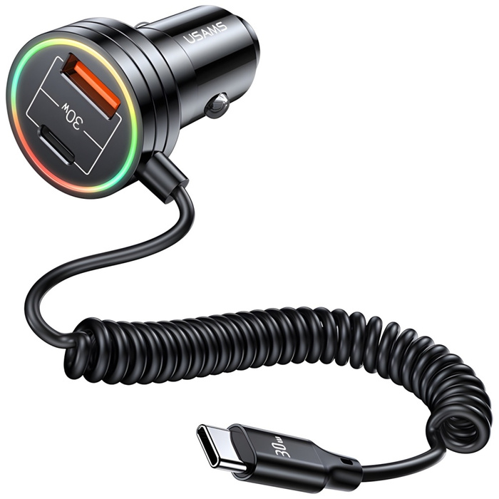 USAMS Ład. sam. 2xUSB-C 1xUSB-A C33 60W with spring cable Fast Charge czarny/black CC167CC01 (US-CC167)