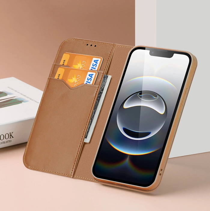 Dux Ducis Hivo iPhone 16e Hülle mit Klappdeckel und RFID-Schutz - Braun