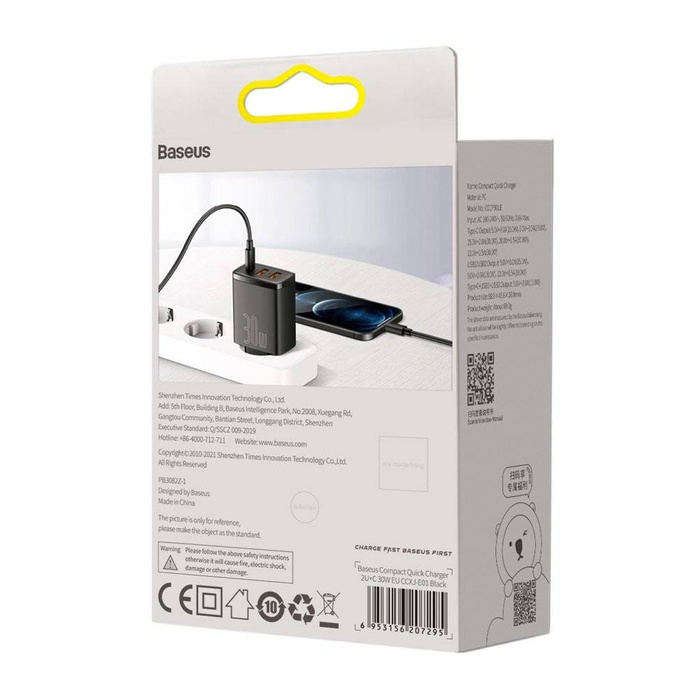 [B WARE] Baseus Compact Schnellladegerät USB Typ C / 2x USB 30W 3A Power Delivery Quick Charge schwarz (CCXJ-E01)