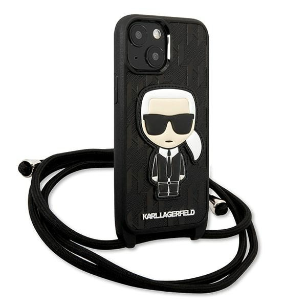 Case KARL LAGERFELD Apple iPhone 13 Mini Leather Monogram Patch and Cord Iconik Black Hardcase
