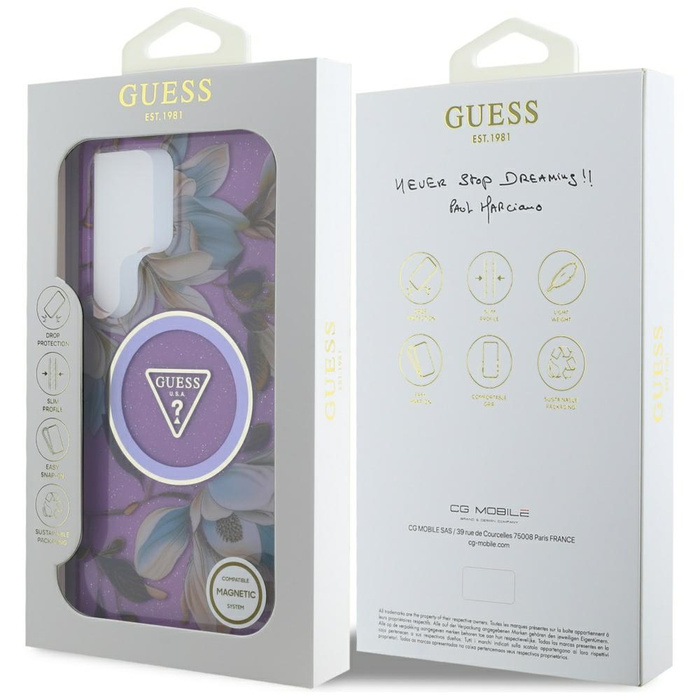Etui Guess Glitter Flowers Triangle       Buttons MagSafe do Samsung Galaxy S25 Ultra fioletowy