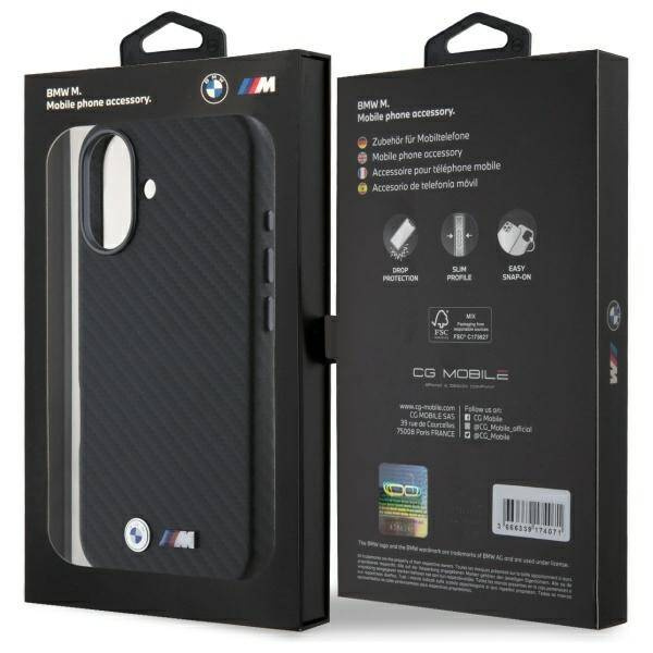 Funda BMW iPhone 16 negro/negro durocase Carbon Wrapped Metal