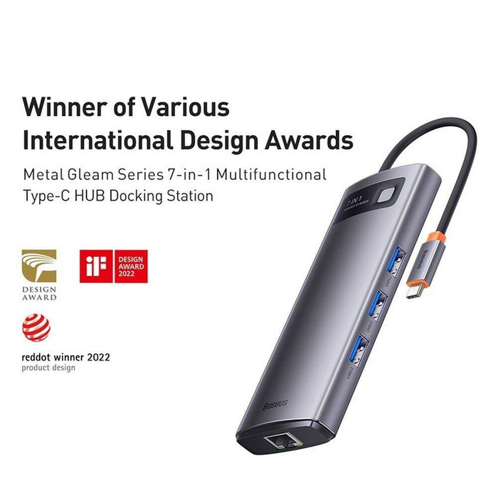 Baseus Metal Gleam Series HUB 7 in 1 USB Type C Docking Station - 2 x HDMI / 3 x USB 3.2 Gen. 1/1 x Power Delivery / 1 x RJ-45 Ethernet Gray (WKWG040113)