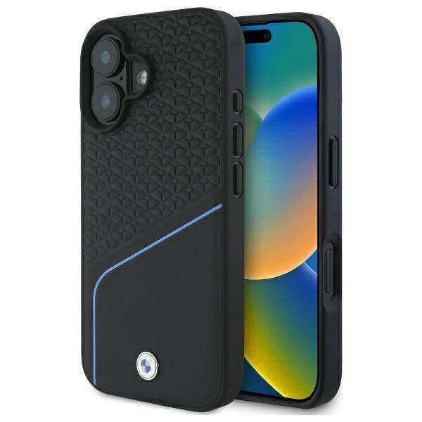 Cover BMW iPhone 16 6,1" nero/nero durocase Segno Pelle testurizzato e linea MagSafe