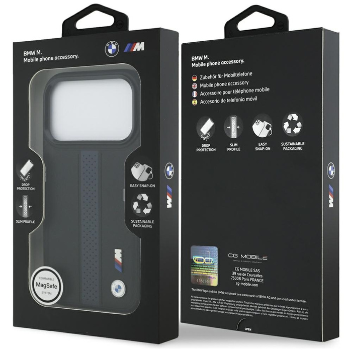 Etui BMW M Perforated Stripe Logo        MagSafe do iPhone 17 Pro niebieski