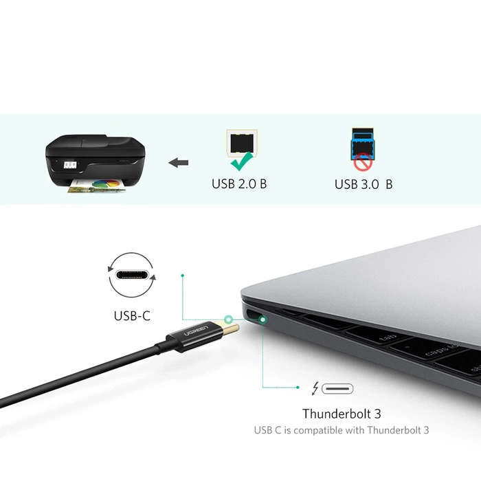 Kabel USB-C 2.0 auf USB-B UGREEN US241 für Drucker, 1m (schwarz)