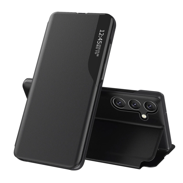 Eco Leather View Case Hülle für Samsung Galaxy S24 FE mit Klappe und Ständer – Schwarz
