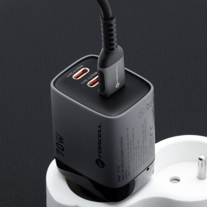 Ładowarka sieciowa do telefonu Forcell F-Energy GaN III 2 x USB C + USB A QC4.0 3,45A PD 70W SAM SFC2.0 z wyświetlaczem LCD VT-37 szara