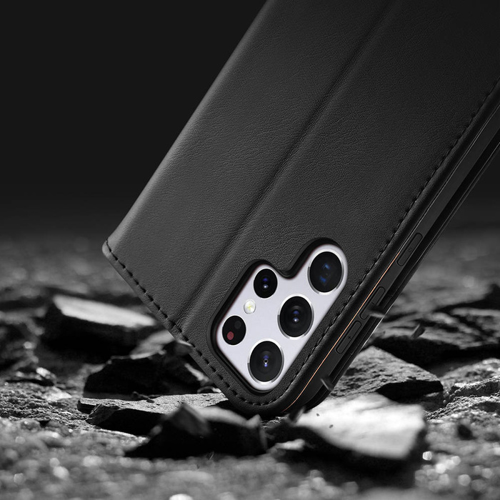 Dux Ducis Hivo Telefontok Flip Cover Valódi bőr pénztárca kártyákhoz és dokumentumokhoz Samsung Galaxy S22 Ultra Blue