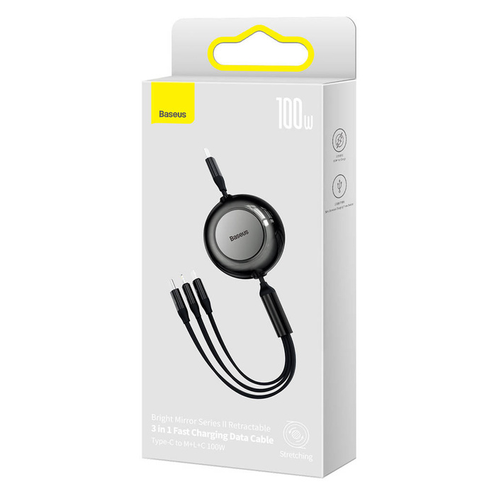 Câble rétractable Baseus Bright Mirror 2 3en1 USB Type C - micro USB + Lightning + USB Type C 3.5A 1.1m noir (CAMJ010201)