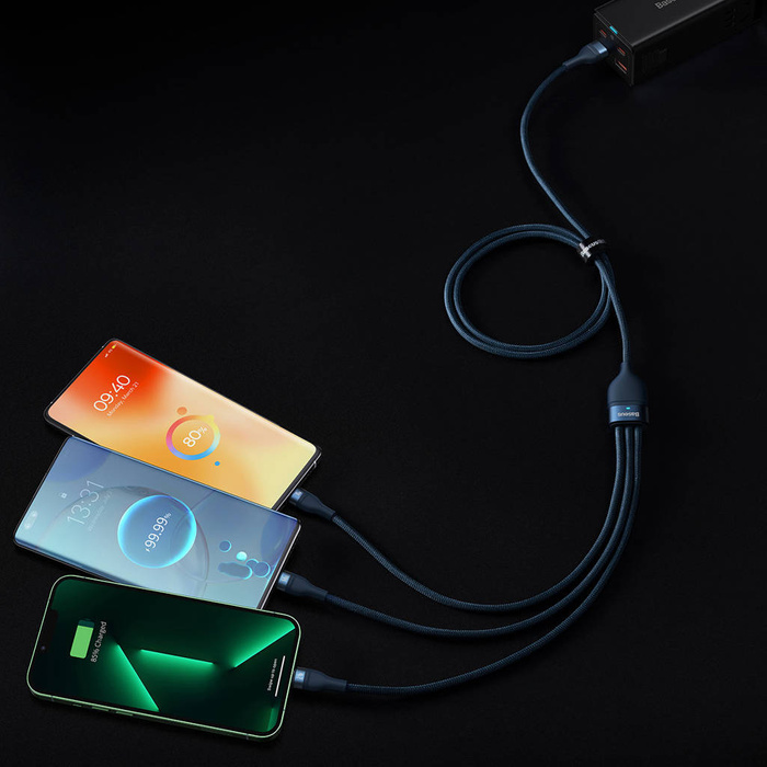 Baseus Flash Series Ⅱ kabel 3v1 s rychlonabíjením z USB-A na USB-C / Micro-USB / Lightning 66W 480Mbps 1,2m modrá