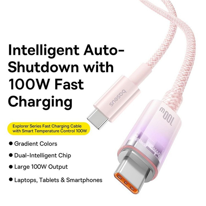 BASEUS kabel Typ C do Typ C Explorer Power Delivery 100W 1m różowy P10319703411-00 / CB000043