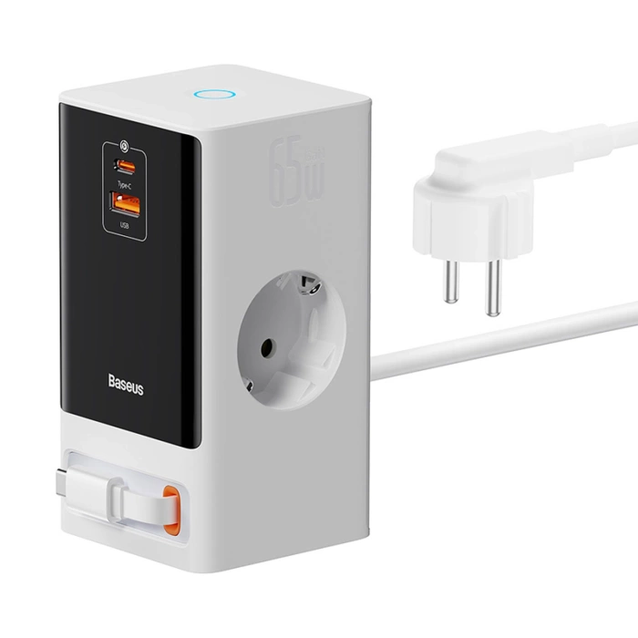 Baseus PowerCombo Charging Station 65W 1.5m 2 x EU + USB-A + USB-C + Retractable USB-C Cable - White