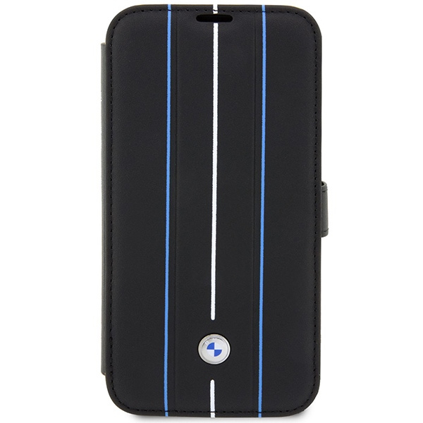 Hülle BMW BMBKP14X22RVSK iPhone 14 Pro Max 6,7" schwarz/schwarzes Buchcase Lederstempel Blaue Linien