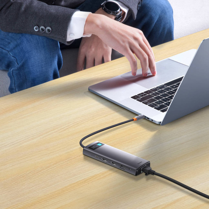 Baseus Metal Gleam Series Docking Station HUB 9 in 1 USB tipo C - 2 x HDMI / 2 x USB 3.2 Gen. 1/1 x USB 2.0 / 1 x Power Delivery / 1 x lettore di schede SD / 1 x lettore di schede TF / 1 x RJ-45 grigio (WKWG060013)