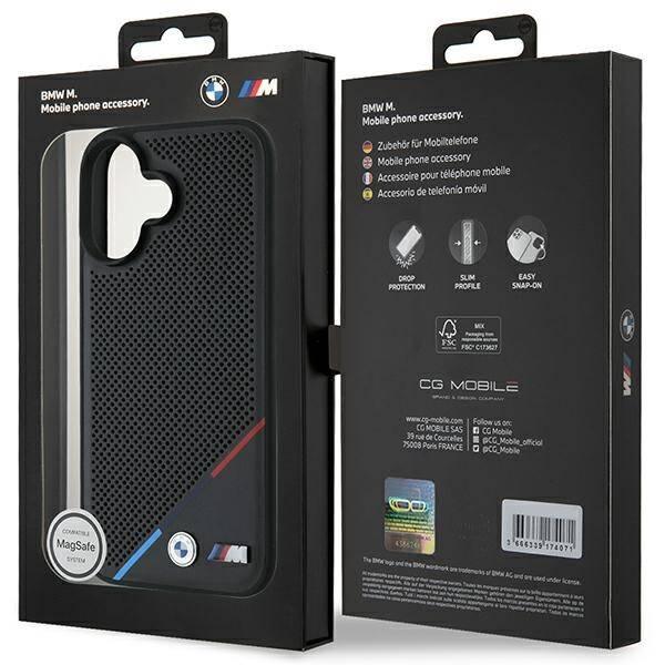 Hülle BMW iPhone 16 6,1" schwarz/schwarz hartcase M Perforated Tricolor Line MagSafe