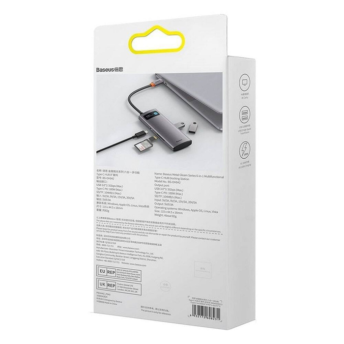 Baseus Metal Gleam Series 6 in 1 HUB Docking Station USB tipo C - 3 x USB 3.2 Gen.1 / 1 x Power Delivery / 1 x lettore di schede SD / 1 x lettore di schede TF grigio (WKWG030213)