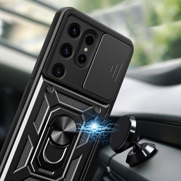 Hybrid Armor Camshield Hülle für Samsung Galaxy S24 Ultra gepanzert mit Kameraabdeckung – Schwarz