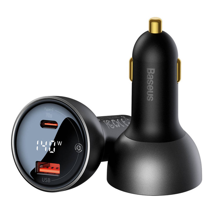 Baseus Digital Display schnelles Autoladegerät USB-A / USB-C PD3.1 140W schwarz + USB-C Kabel Baseus Superior Series 5A 240W 1m schwarz (CGZX070001)