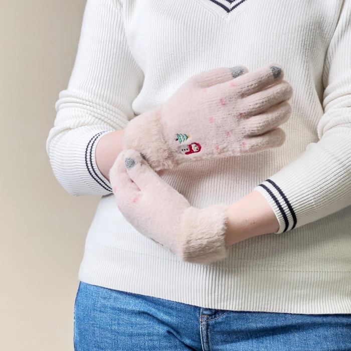 Gants de téléphone d'hiver femme avec un bonhomme de neige et un sapin de Noël - beige