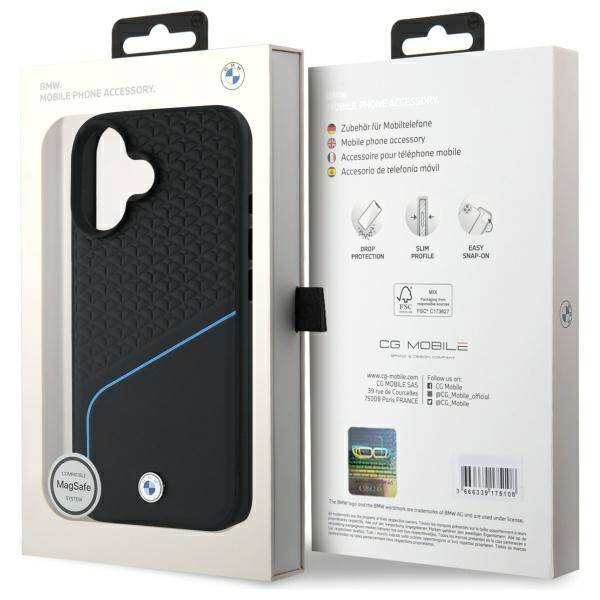 Funda BMW iPhone 16 6,1 "negro / negro durocase Signo de cuero texturizado y la línea MagSafe