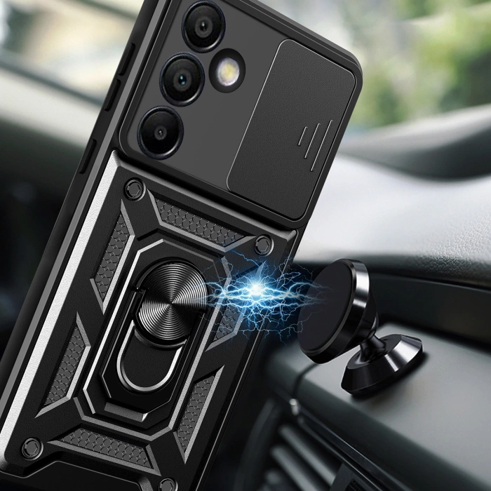 Hybrid Armor Camshield-Hülle mit Kameraabdeckung und Metallring für Samsung Galaxy S24 FE – Schwarz