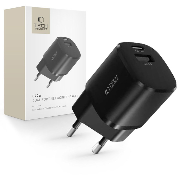 Nabíječka TECH-PROTECT C20W MINI 2-PORTOVÁ SÍŤOVÁ NABÍJEČKA PD20W/QC3.0 ČERNÁ