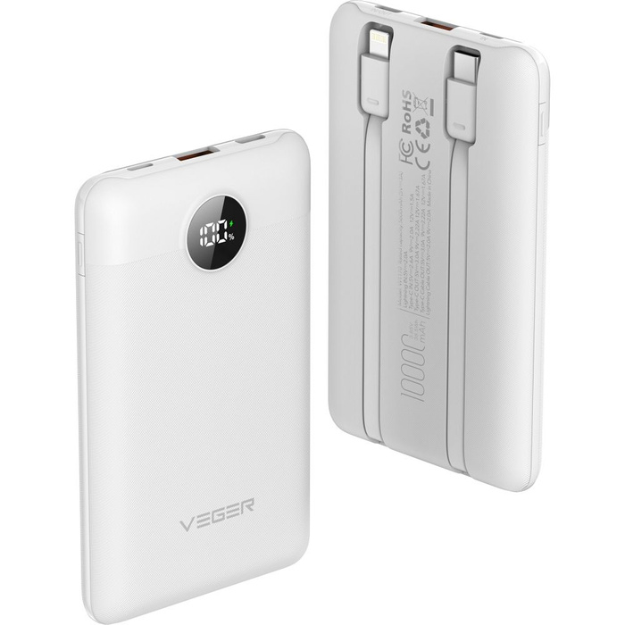 Powerbank Veger (W1170) PD QC3.0 2A 22,5W 10000 mAh z wbudowanymi kablami USB C / Lightning biały