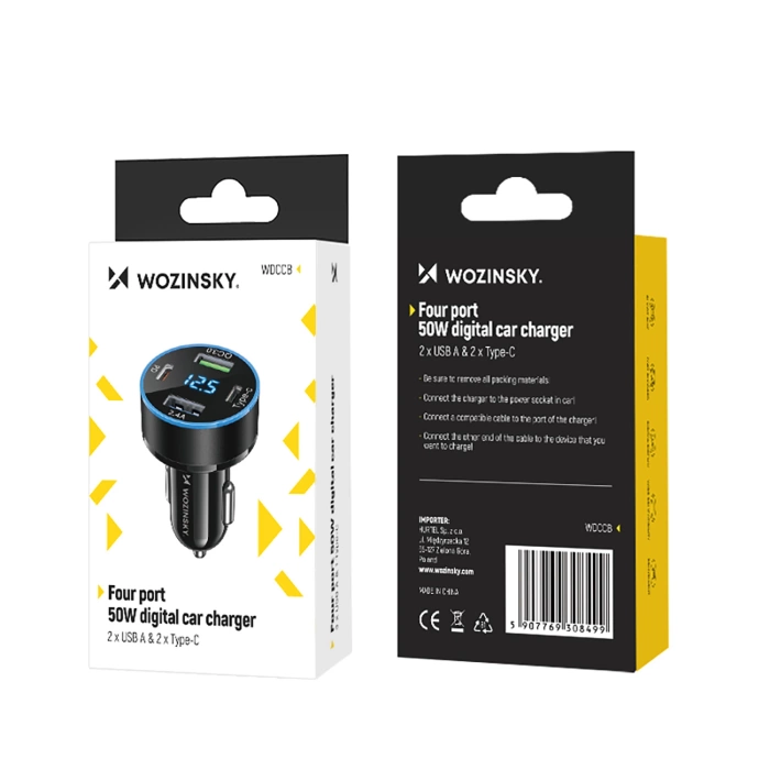 Wozinsky WDCCB Car Charger with Display 50W 2xUSB-C / 2xUSB-A - Black