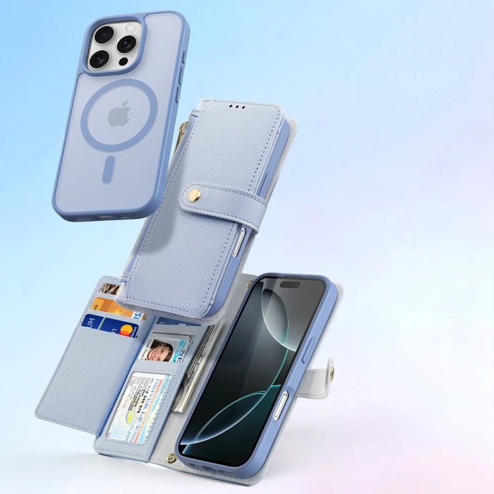 Dux Ducis Lawa Leather Case for iPhone 16 Pro Max with Detachable Magnetic Wallet - Blue