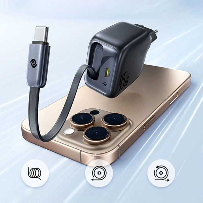 Ładowarka sieciowa Baseus EnerCore CJ11 45W z portem USB-C i ze zwijanym kablem USB-C - czarna