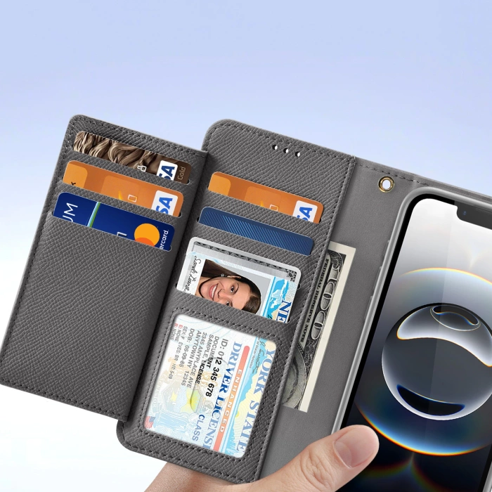 Dux Ducis Lawa iPhone 16e Lederhülle mit abnehmbarer magnetischer Brieftasche - Grau