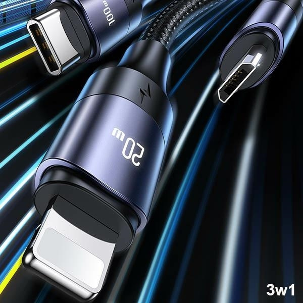 USAMS Cable U71 3in1 1.2m 6A Fast Charge black/black (USB/USB-C to lightning/microUSB/USB-C) SJ511USB01 (US-SJ511)