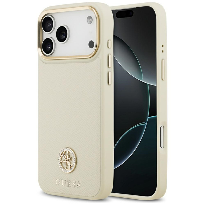 Etui Guess Grained Strass Logo MagSafe   do iPhone 17 Pro Max beżowy
