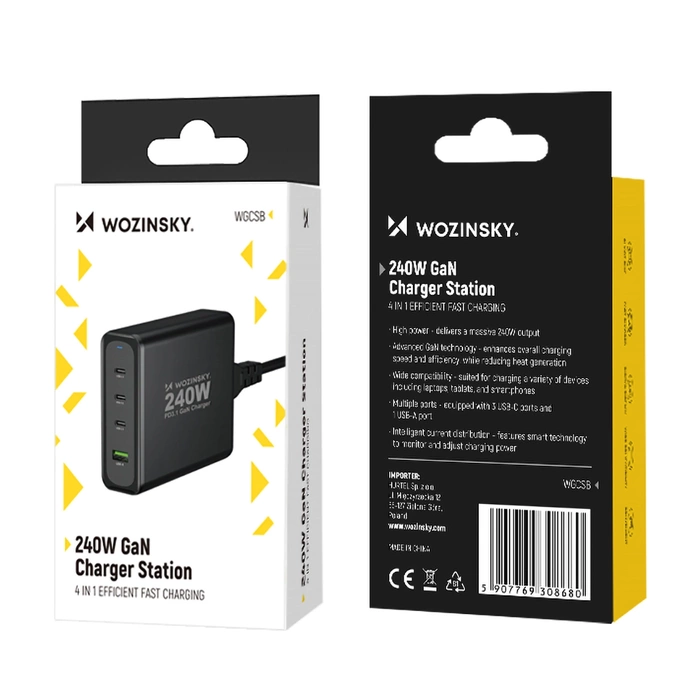 Wozinsky WGCSB 240W GaN nástěnná nabíječka USB-A / 3 x USB-C - černá