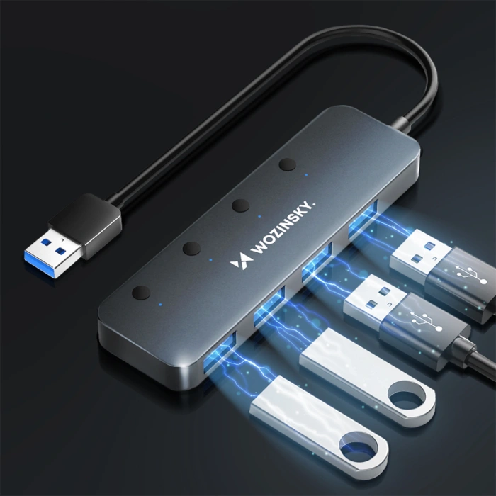 Hub USB-A Wozinsky WHS080YSS 4 x USB-A 3.0 z indywidualnymi włącznikami, aluminowy, z kablem 15 cm - szary