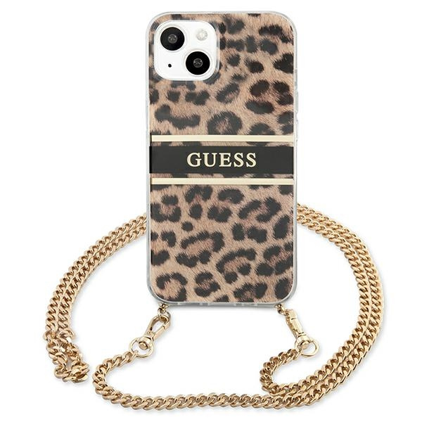 Hülle GUESS Apple iPhone 13 Mini Leopard Gold Strap Braun Hardcase