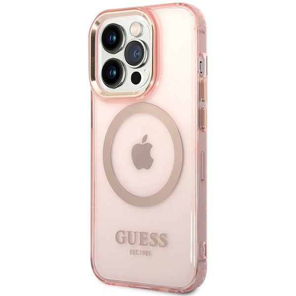 Hülle GUESS Apple iPhone 14 Pro Max Gold Outline Transluzent MagSafe Rosa Hartcase