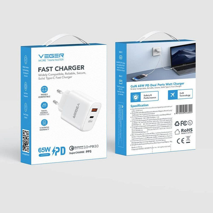 VEGER ładowarka sieciowa USB A + Typ C PD QC3.0 3,25A 65W TCE650 biała