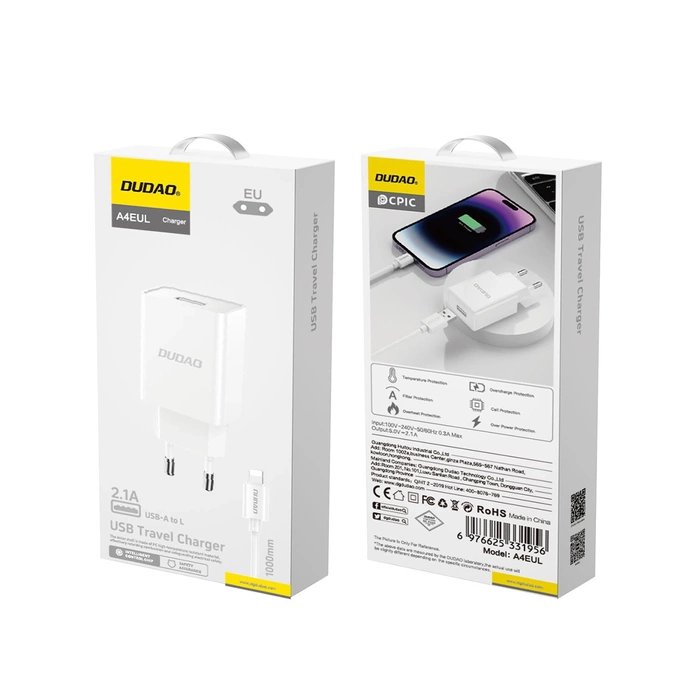Caricatore da muro Dudao A4EU USB-A 2.1A - bianco + cavo USB-A - Lightning